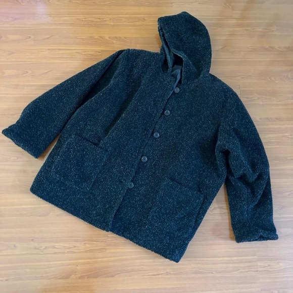 Black Sherpa Hood Jacket Teddy Chore Coat Plus Size - Picture 3 of 5